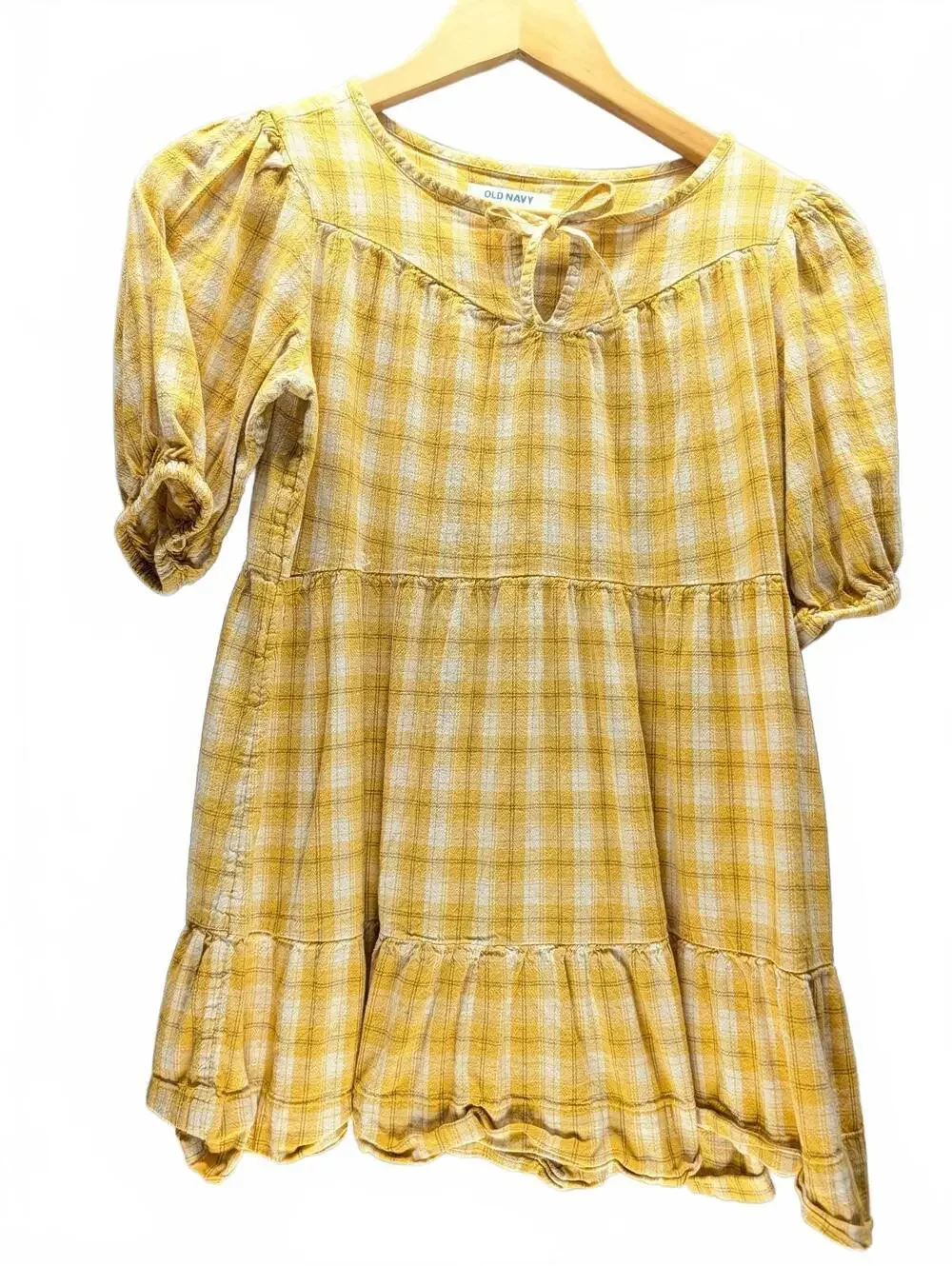 Old Navy Girls' Yellow Plaid Puff Sleeve Dress, Size M 8